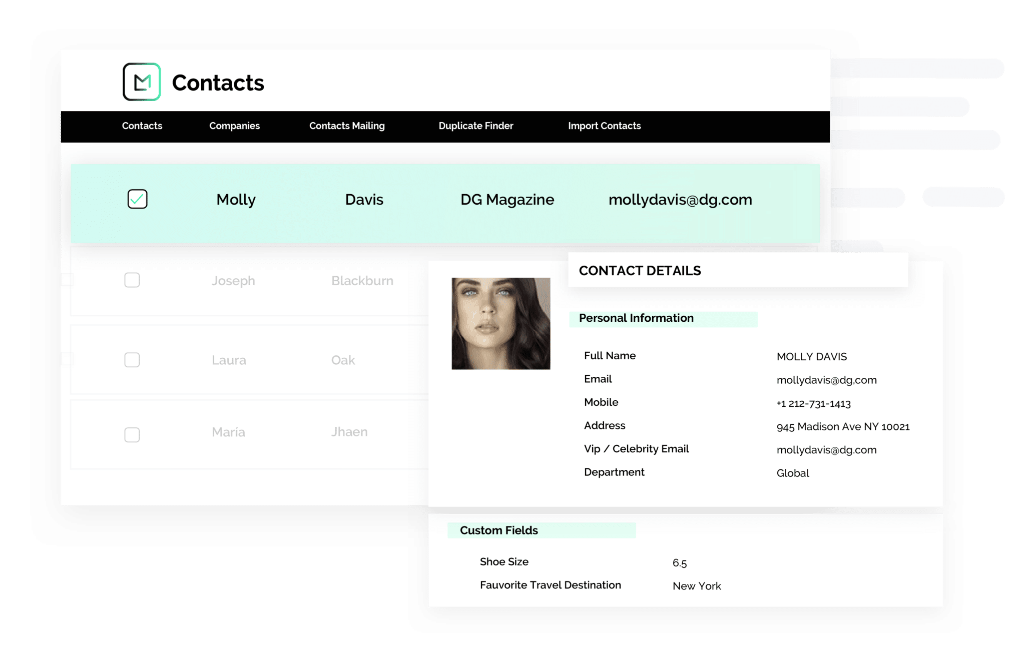 product screen showing example of a contact entry in the contact management software