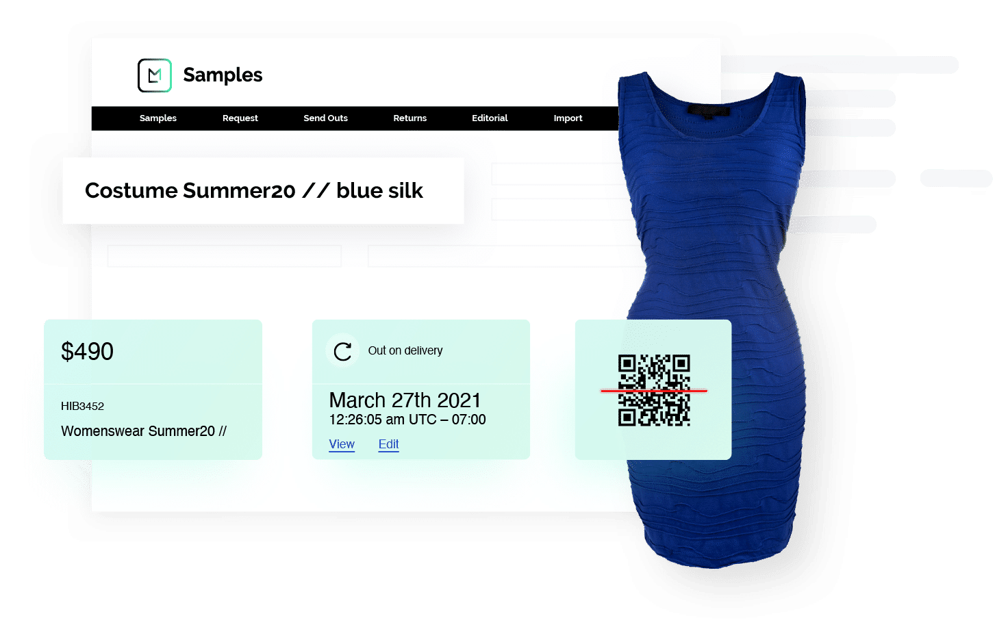 product screen showing a example of a sample entry in the fashion sample tracking software
