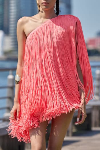 Bronx & Banco one shoulder pink mini dress at new york fashion week