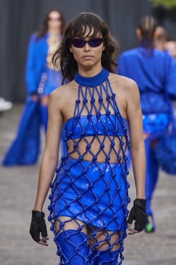 Electric blue woven layer dress high high electric blue boots at David Koma fashion Week SS23