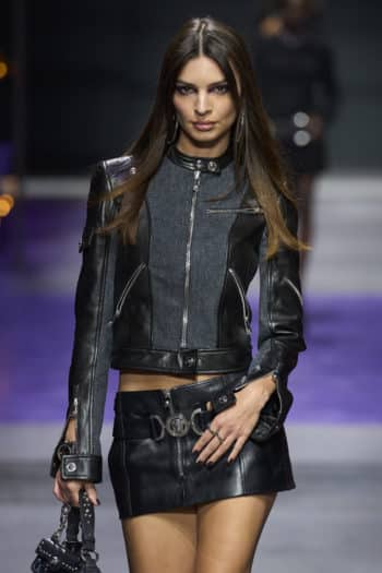 Leather jacket and mini skirt at Versace Fashion Week SS23