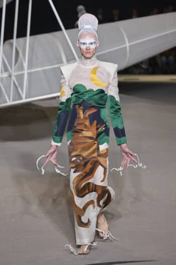 Thom Browne NYFW 2023: maxi long sleeved tree print dress mixed material moon