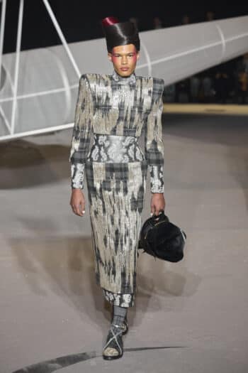 Thom Browne NYFW 2023: mixed tartan and paisley silver and grey maxi dress long sleeved