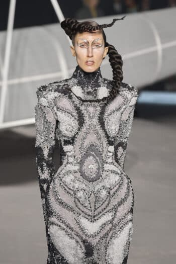 Thom Browne NYFW 2023: silver print high neck maxi dress detailed train