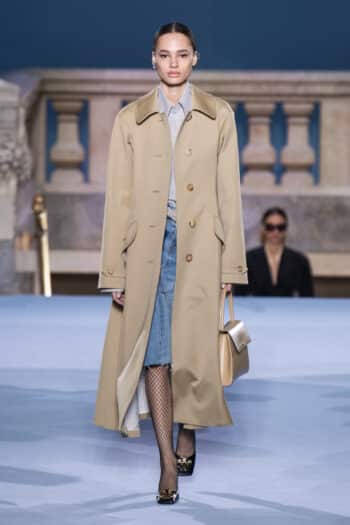 Tory Burch NYFW 2023 camel maxi coat statement collar